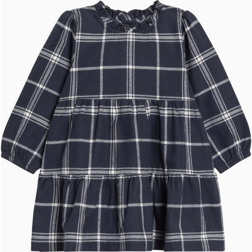 KENDI Neela Flannel Ruffle Neckline Long Sleeve Dress Navy Plaid