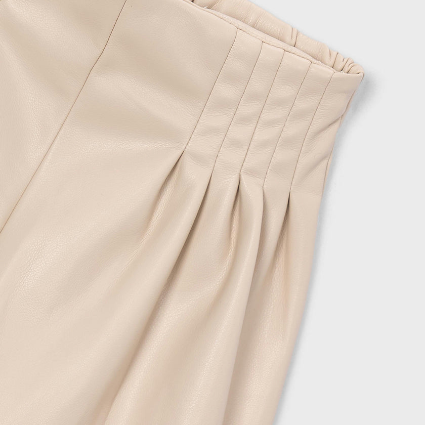 Beige Pleated Faux Leather Shorts