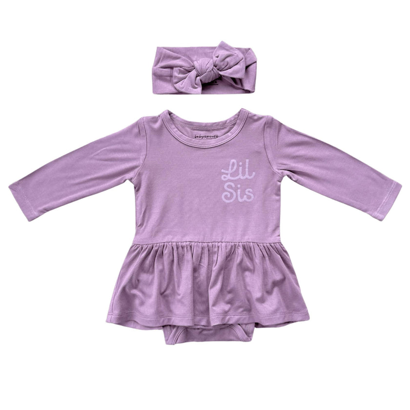 Baby Girl Long Sleeve Bodysuit Dress Set in Lil Sis in Dusky Orchid