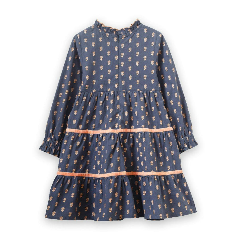 Long Sleeves Tiered Skirt Dress with Velvet Trim