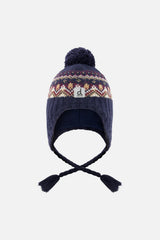 Baby Winter Peruvian Knit Hat with Pompom Blue and Red Jacquard