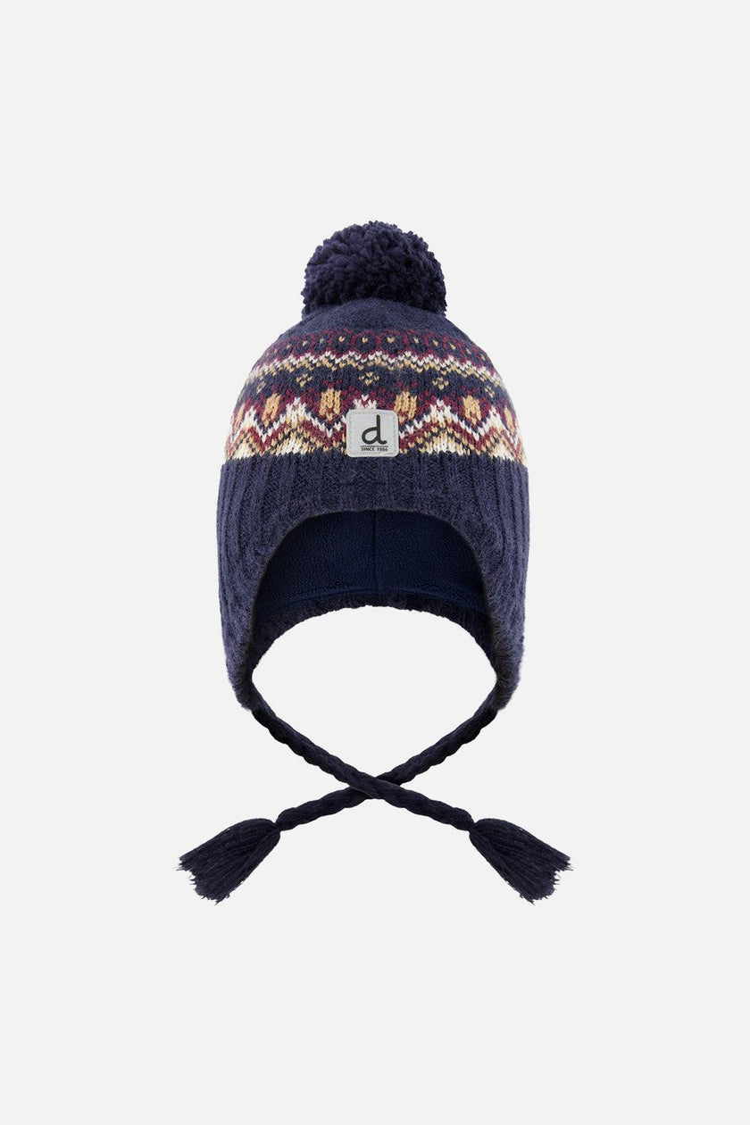 Baby Winter Peruvian Knit Hat with Pompom Blue and Red Jacquard