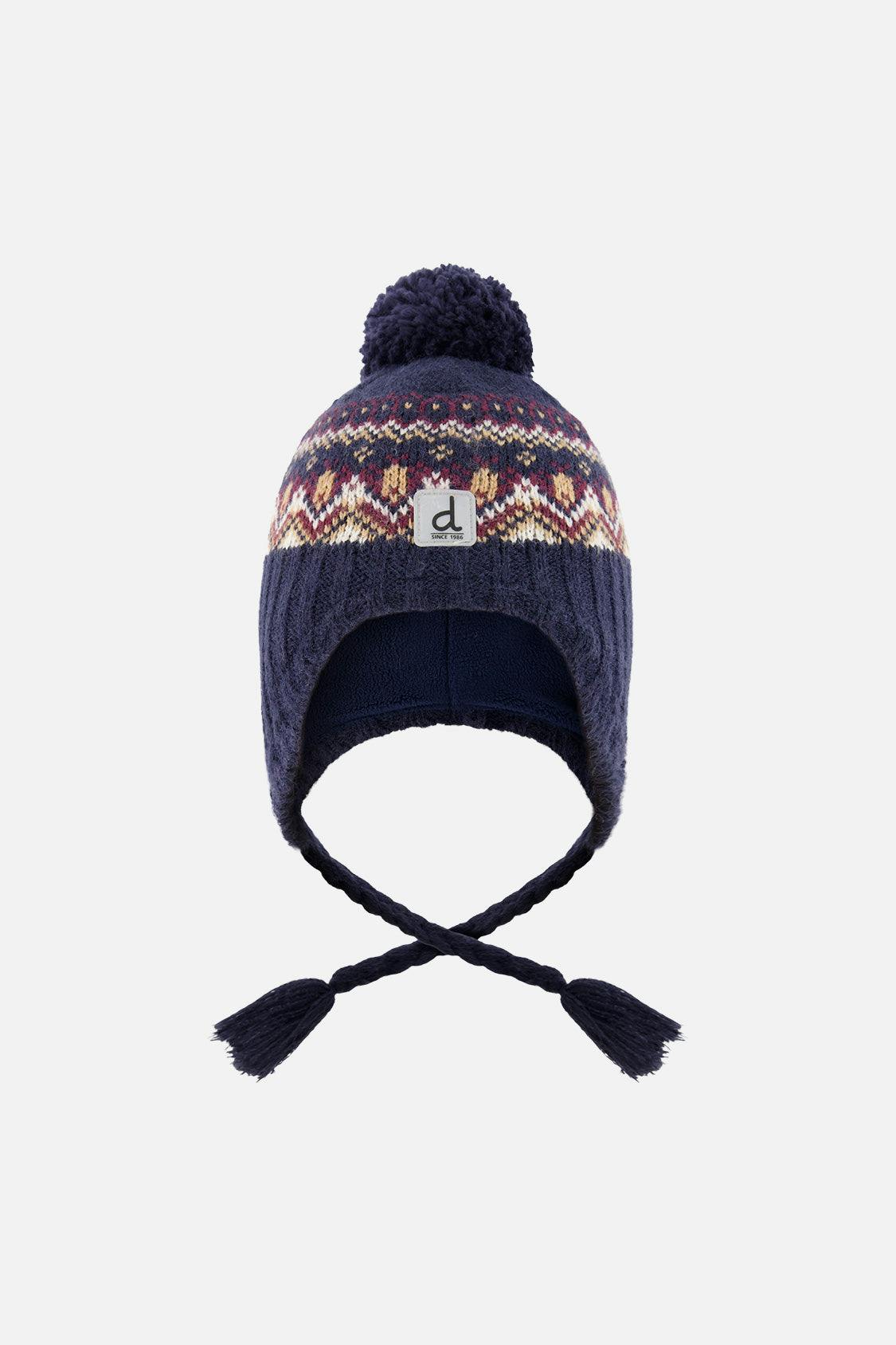 Baby Winter Peruvian Knit Hat with Pompom Blue and Red Jacquard