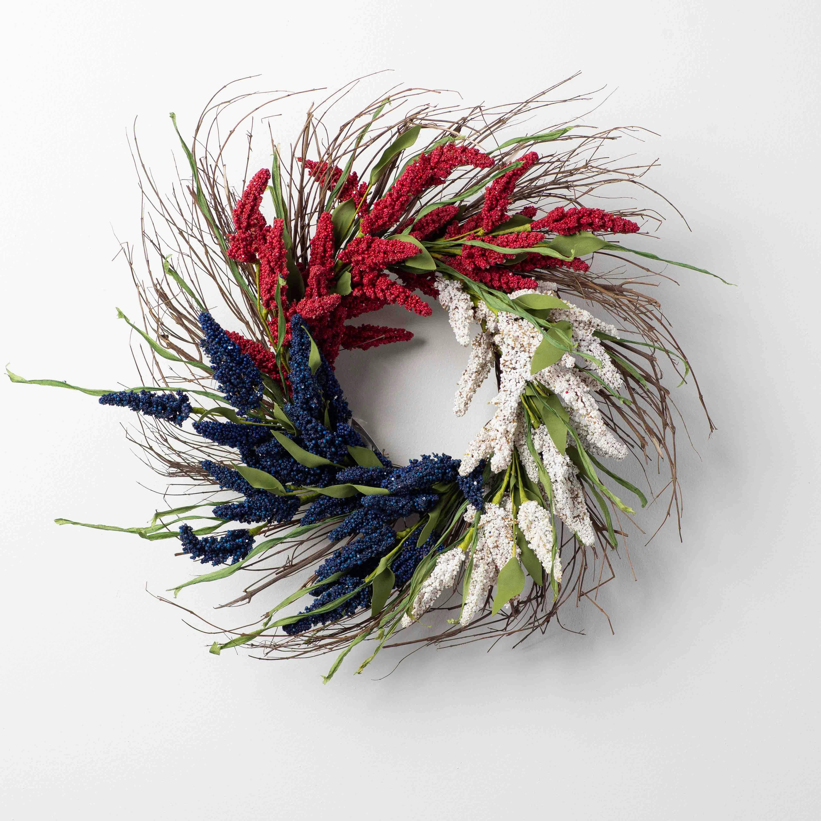 Faux Americana Astilbe Summer Front Door Wreath in Red, White & Blue on Wispy Natural Wreath Base