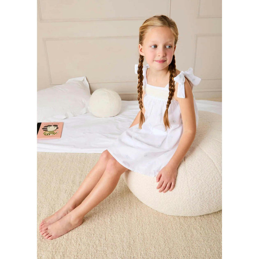 Bluebell Embroidered Bow Shoulder Tie Night Dress in White (18mths- 10yrs)