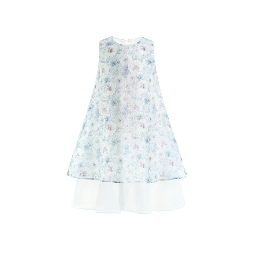 Blue Floral Sleeveless Layered Dress