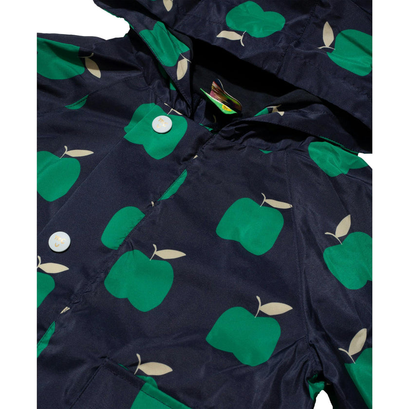 Apple Print Ribbed Cuff Hooded Zipper Raincoat, Blue