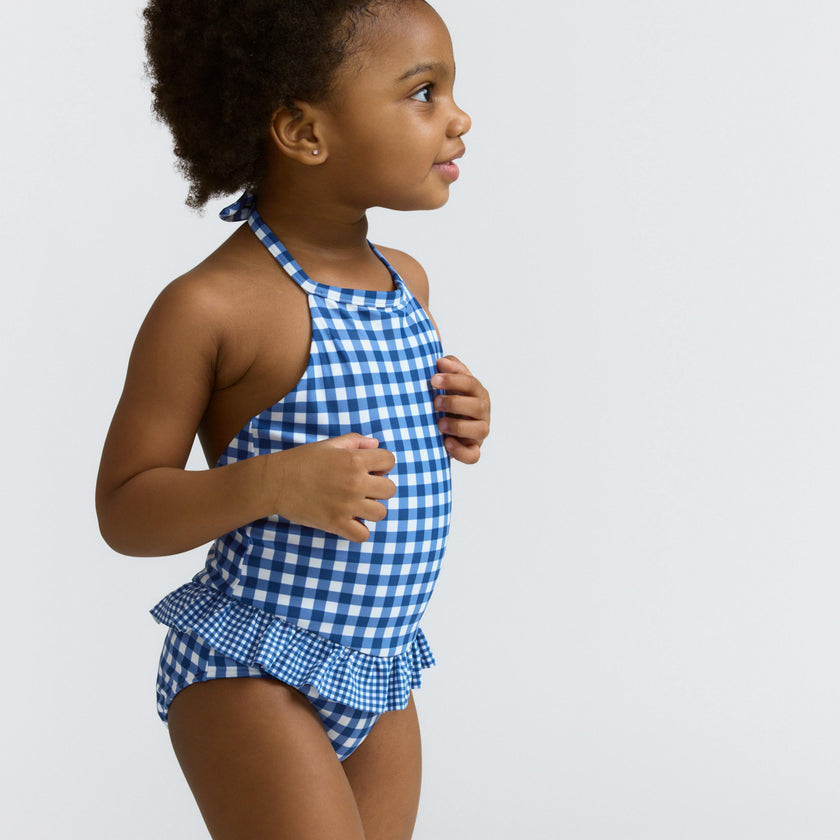 girls navy picnic gingham ruffle halter one piece