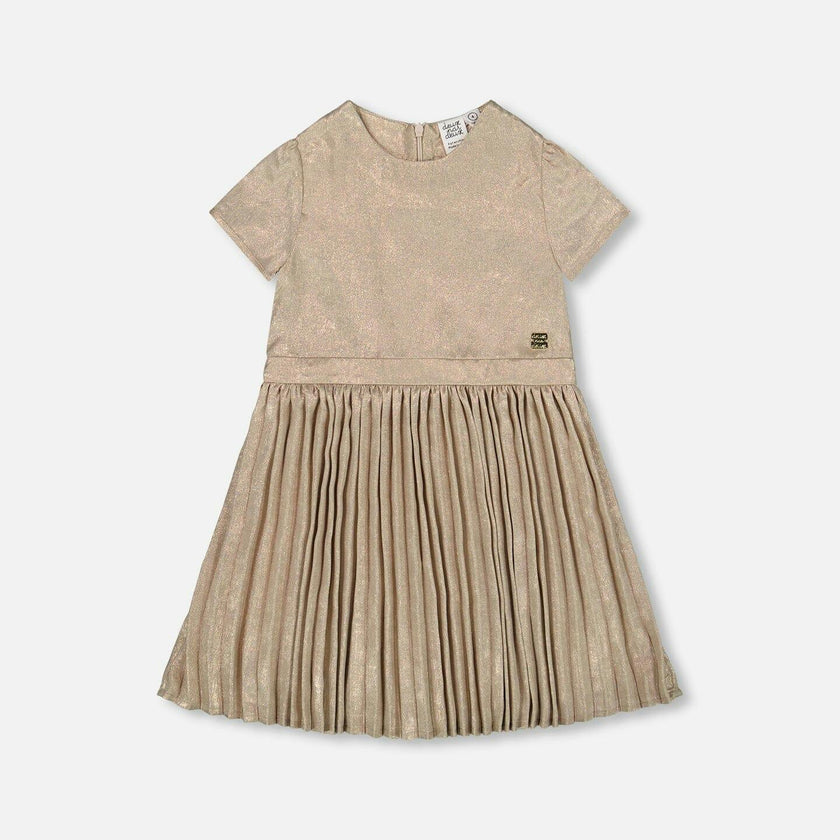 Short Sleeve Dress with Pleated Skirt Light Caramel