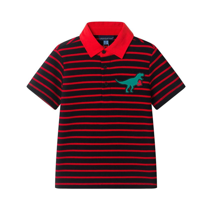 Boys Striped Polo Shirt | T-Rex Heart â€“ Red & Black