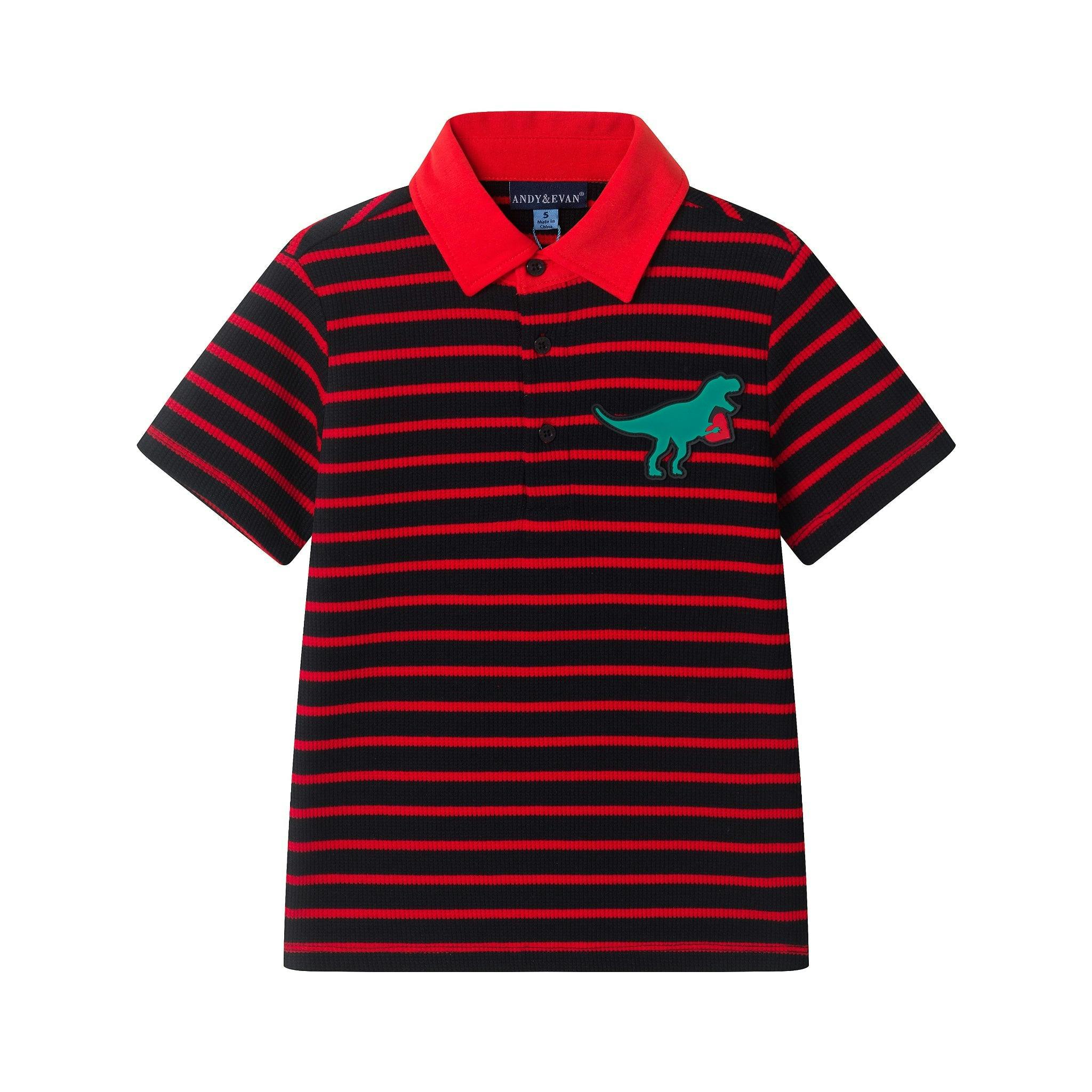 Boys Striped Polo Shirt | T-Rex Heart â€“ Red & Black