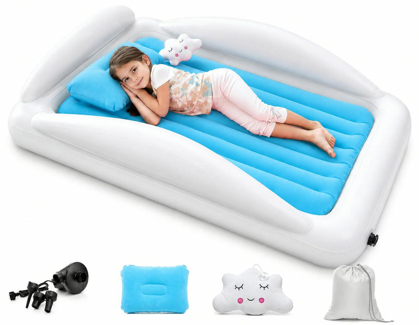 Inflatable Toddler Travel Bed – Kids Blow Up Air Mattress + Safety Bumpers