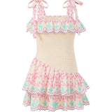 Alanna Shirred Embroidered Mini Dress
