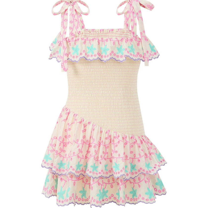 Alanna Shirred Embroidered Mini Dress