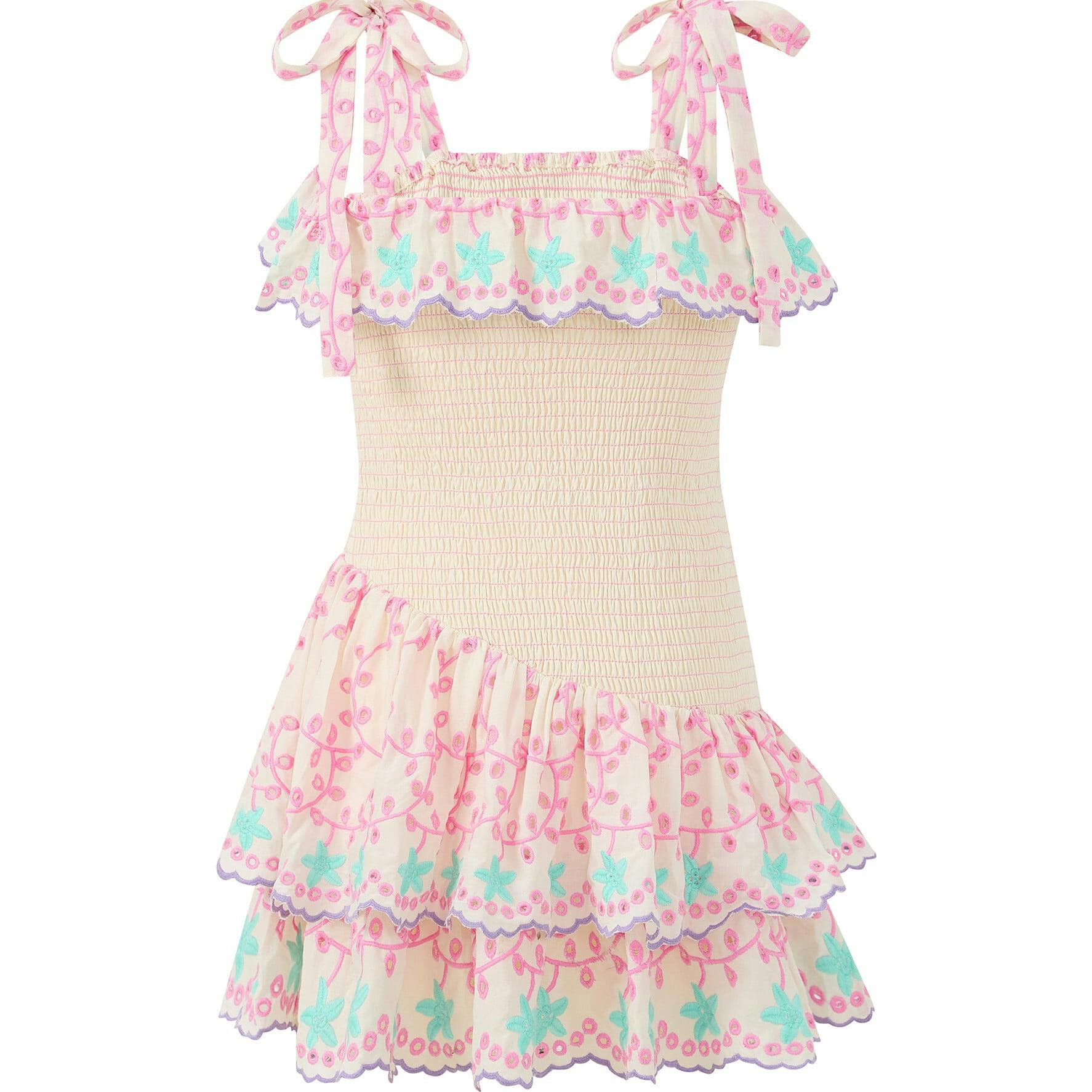 Alanna Shirred Embroidered Mini Dress
