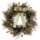 26" Gold Bow, Pinecone & Ornament Wreath Pre-Lit