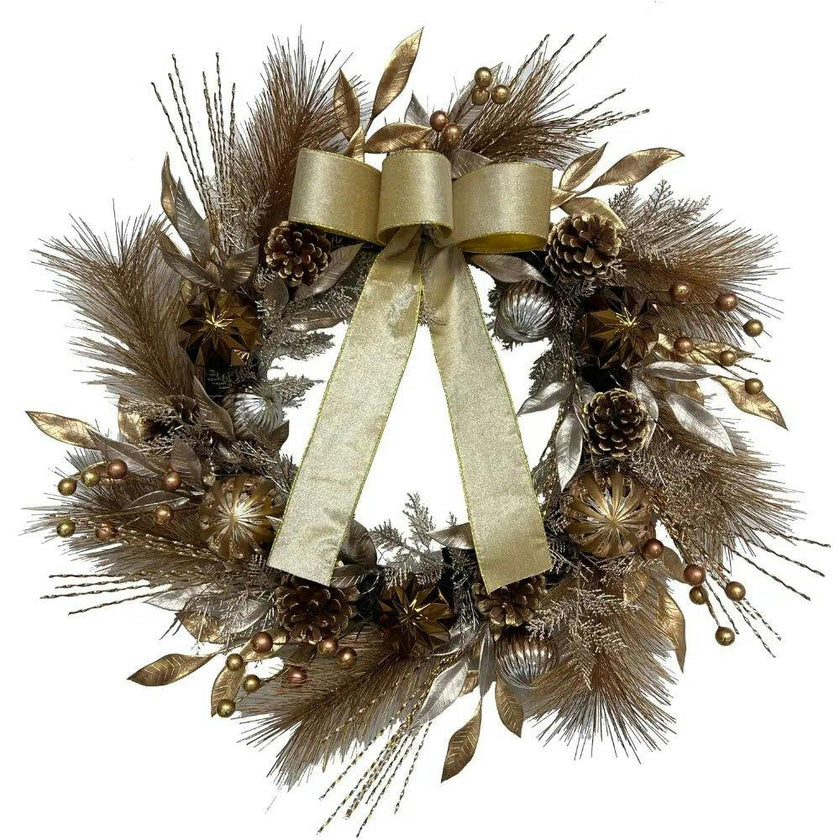 26" Gold Bow, Pinecone & Ornament Wreath Pre-Lit