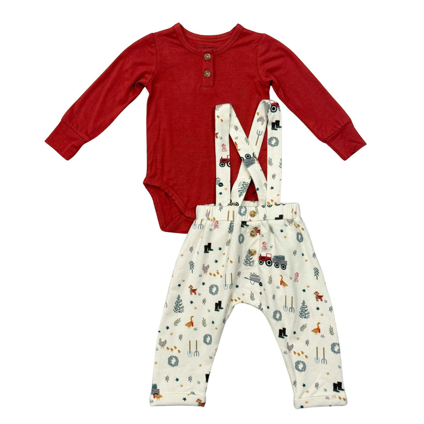 Baby Boy Henley Bodysuit & Suspenders Set in Christmas Farm