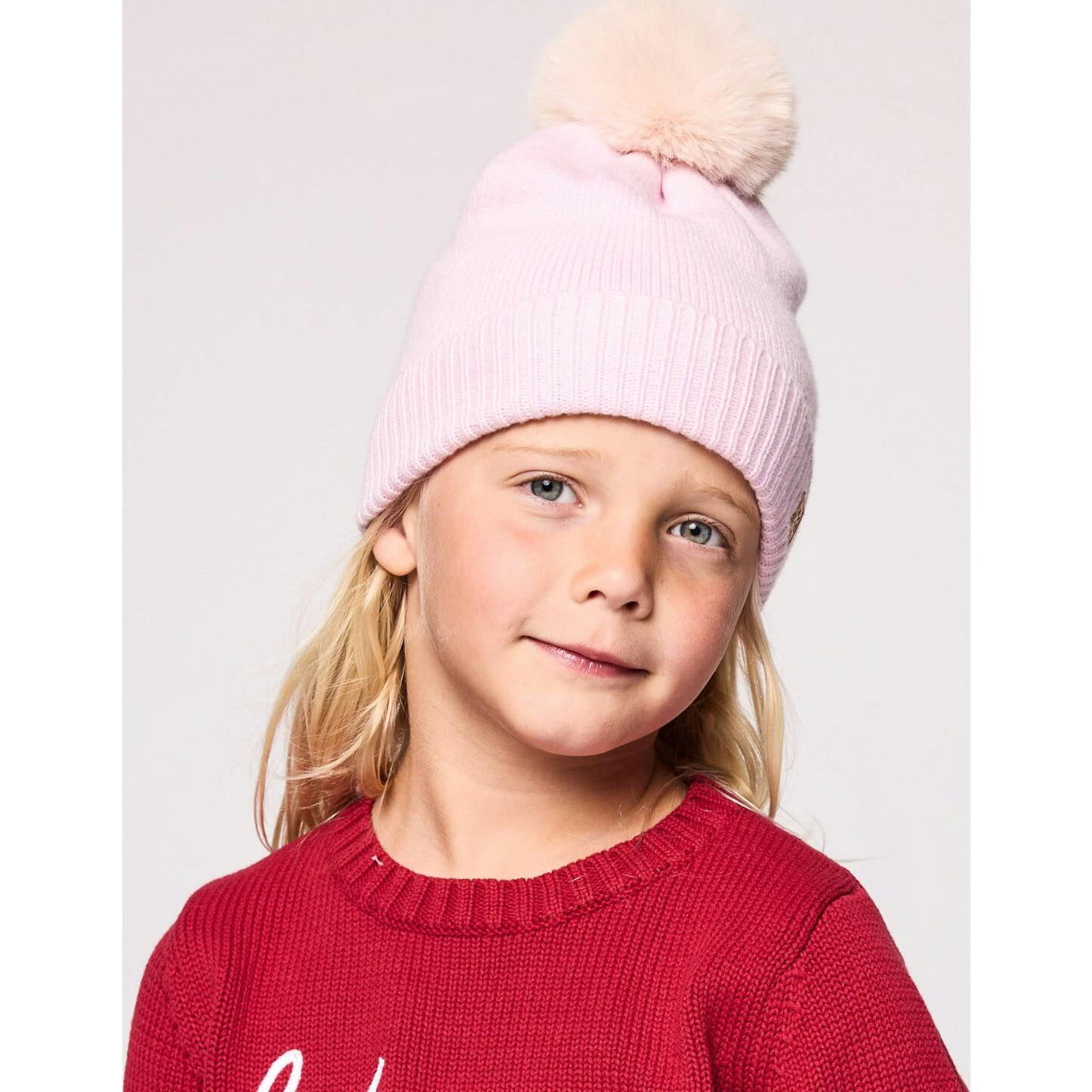 Kids Knit Winter Hat with Faux Fur Pom