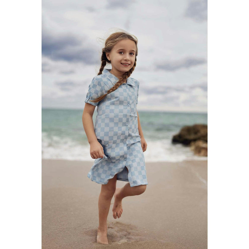Denim Check Rolled Cuff Short Sleeve Shirt Dress
