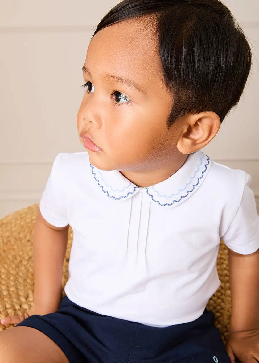 Scallop Embroidered Peter Pan Collar Pleated Top in White (12mths-6yrs)