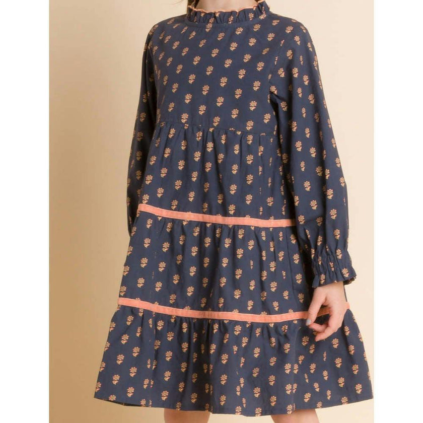 Long Sleeves Tiered Skirt Dress with Velvet Trim