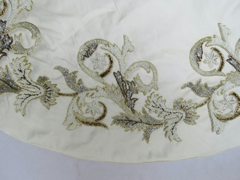 Hand Beaded Imperial Design Large Silk Cream Christmas Tree Skirt 60"