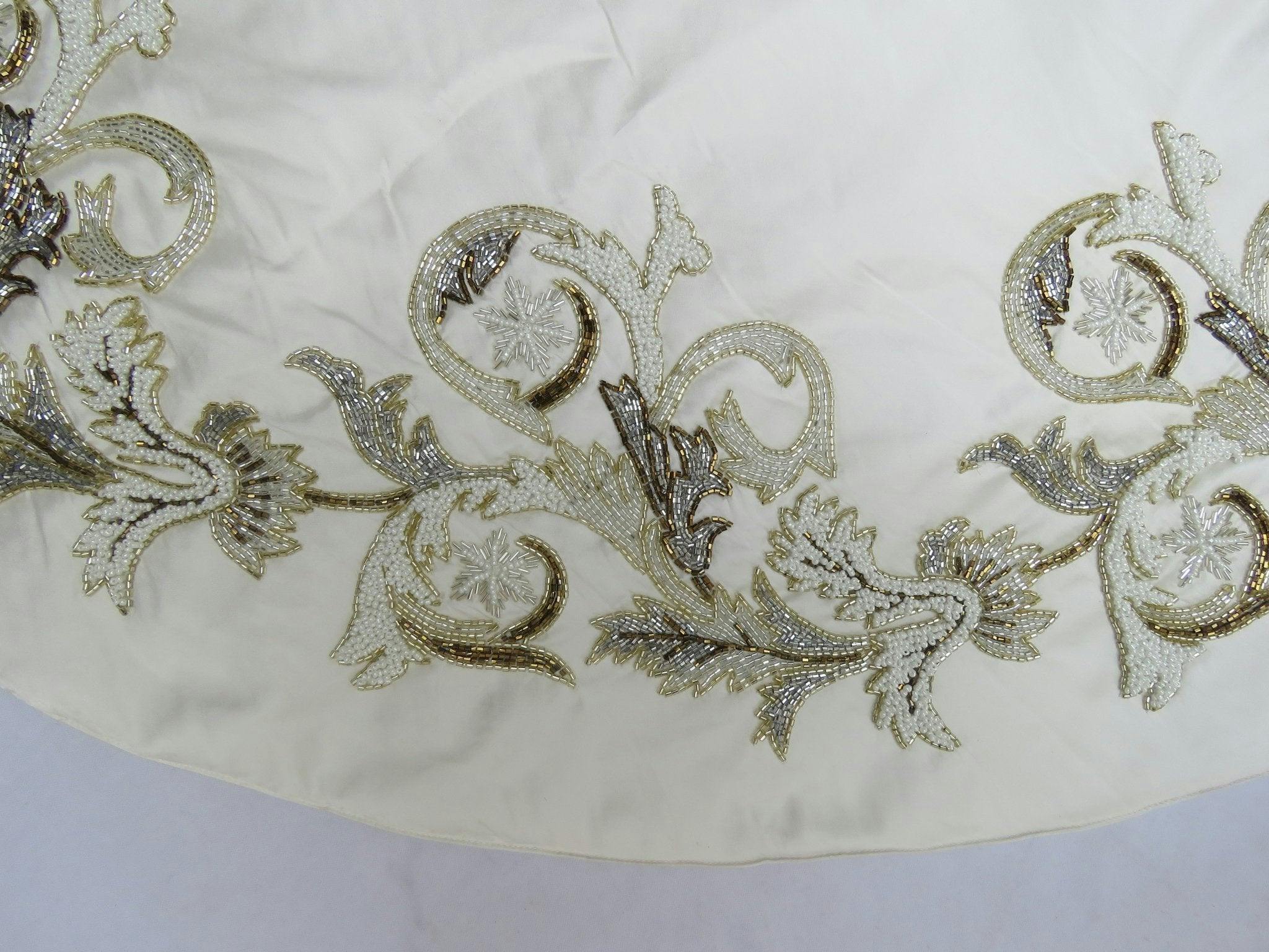 Hand Beaded Imperial Design Large Silk Cream Christmas Tree Skirt 60
