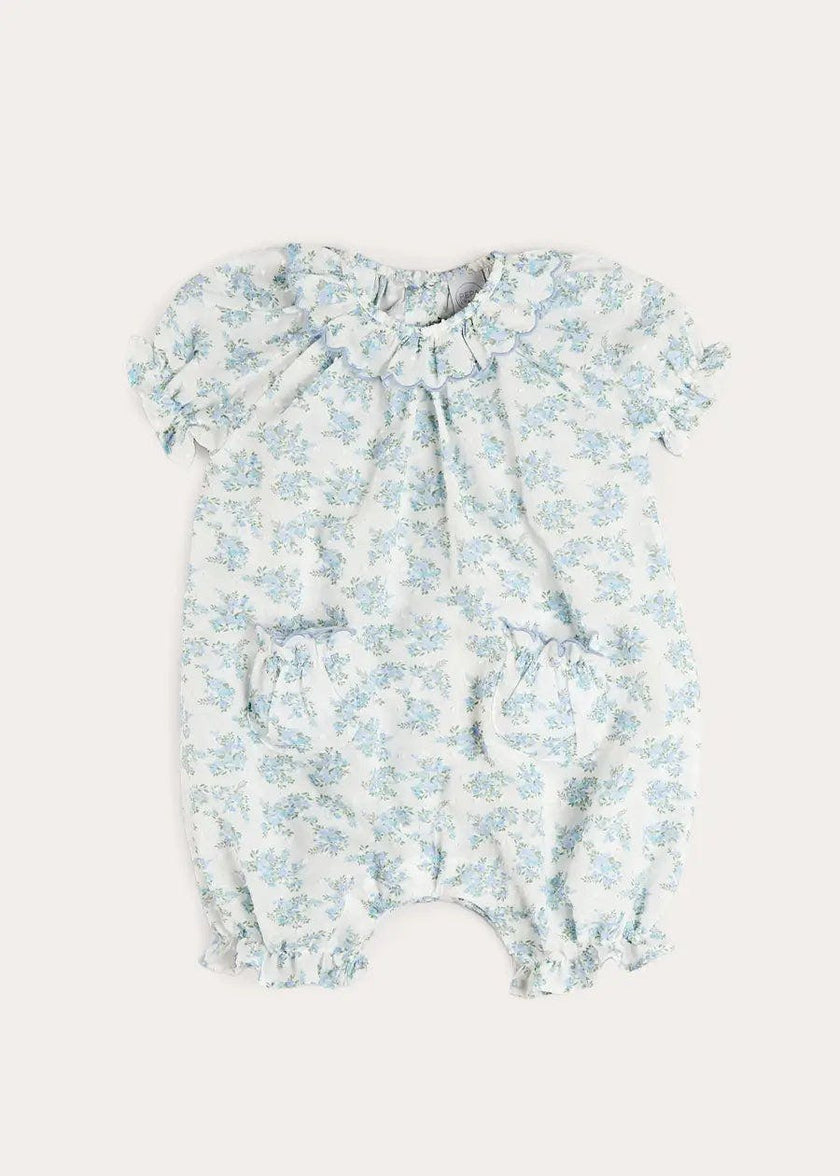 Esme Floral Swiss Voile Scallop Detail All-In-One Pyjamas in Blue (9mths-2yrs)