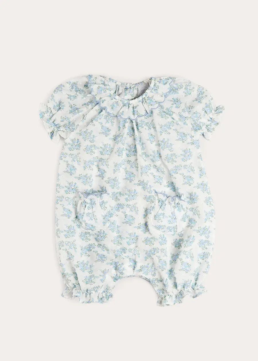 Esme Floral Swiss Voile Scallop Detail All-In-One Pyjamas in Blue (9mths-2yrs)
