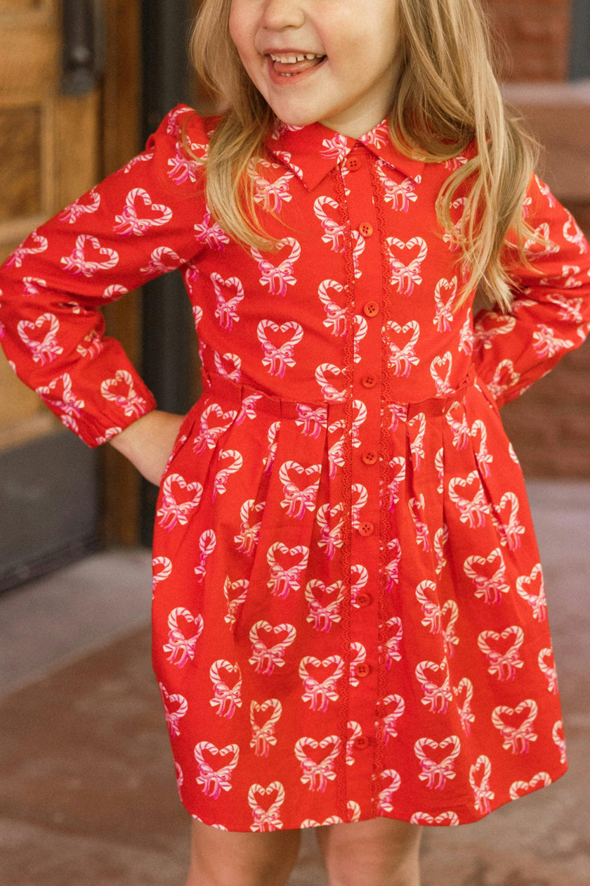 Mini Bowie Long Sleeve Dress in Poinsettia Candy Canes