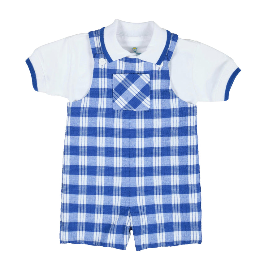 Plaid Seersucker Shortall With Front Pocket