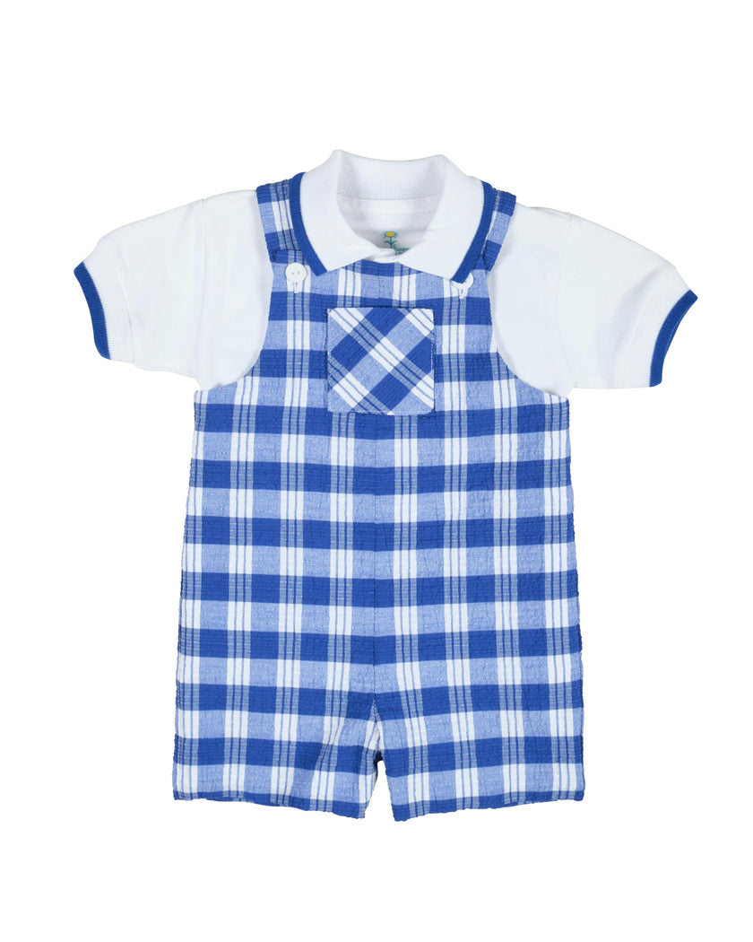 Plaid Seersucker Shortall With Front Pocket
