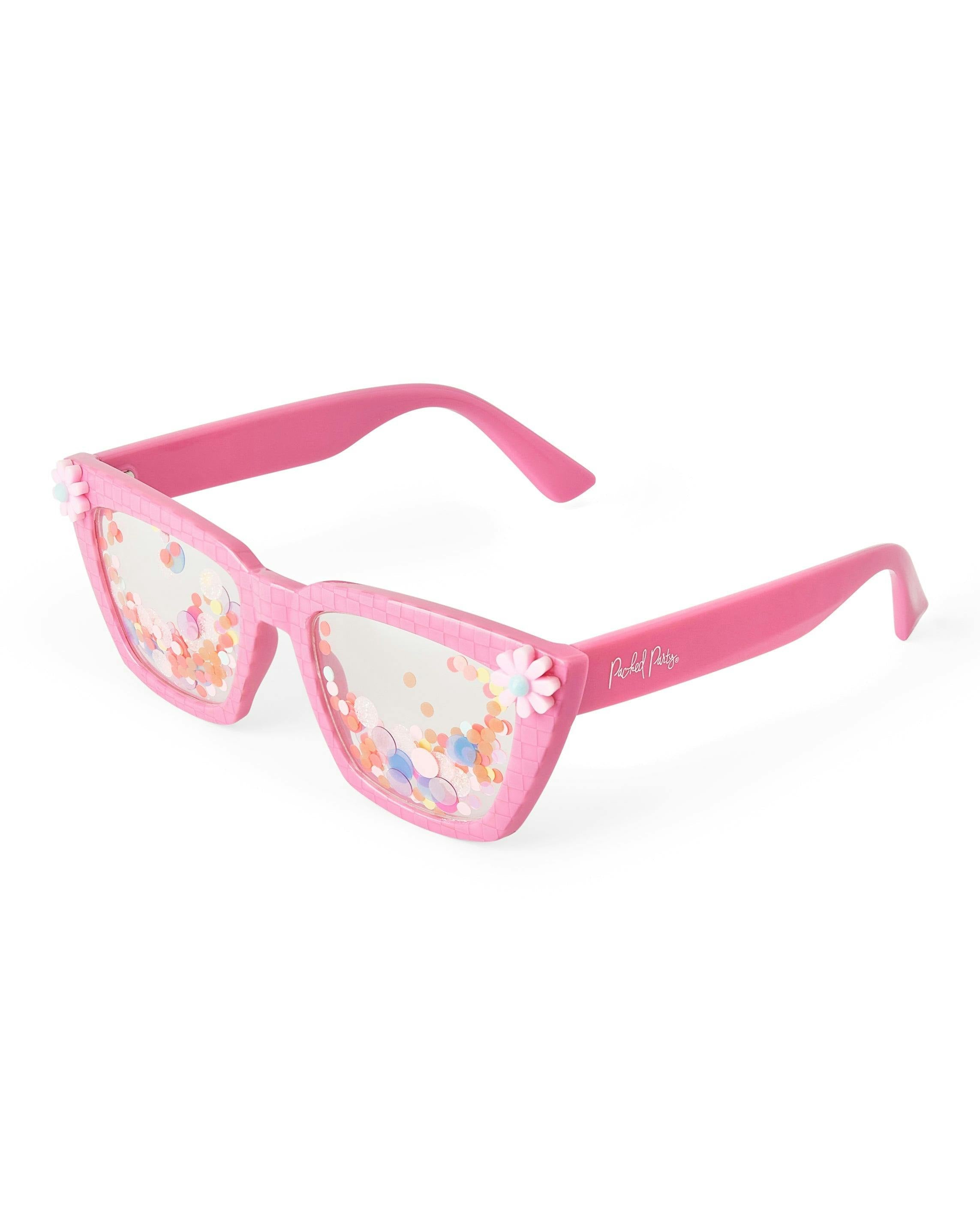 Packed Party Vitamin Me Confetti Novelty Sunglasses - Pink Checkered Frames with 3D Silicone Flowers and Multicolor Confetti Lenses, 2x6 Inch, One Size