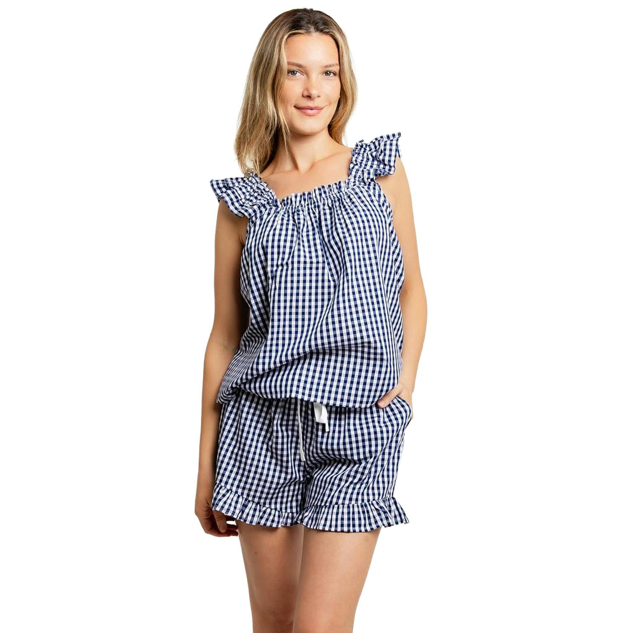 Women's Hepburn Gingham Navy Frill Tank PJ Set