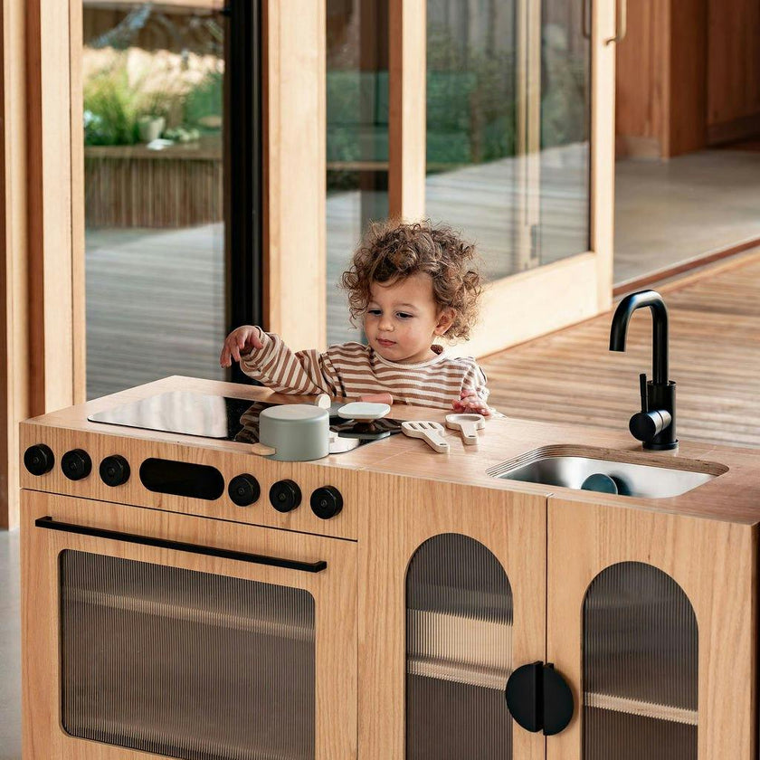 Oak Fluted Play Kitchen Set: Fridge + Sink + Oven