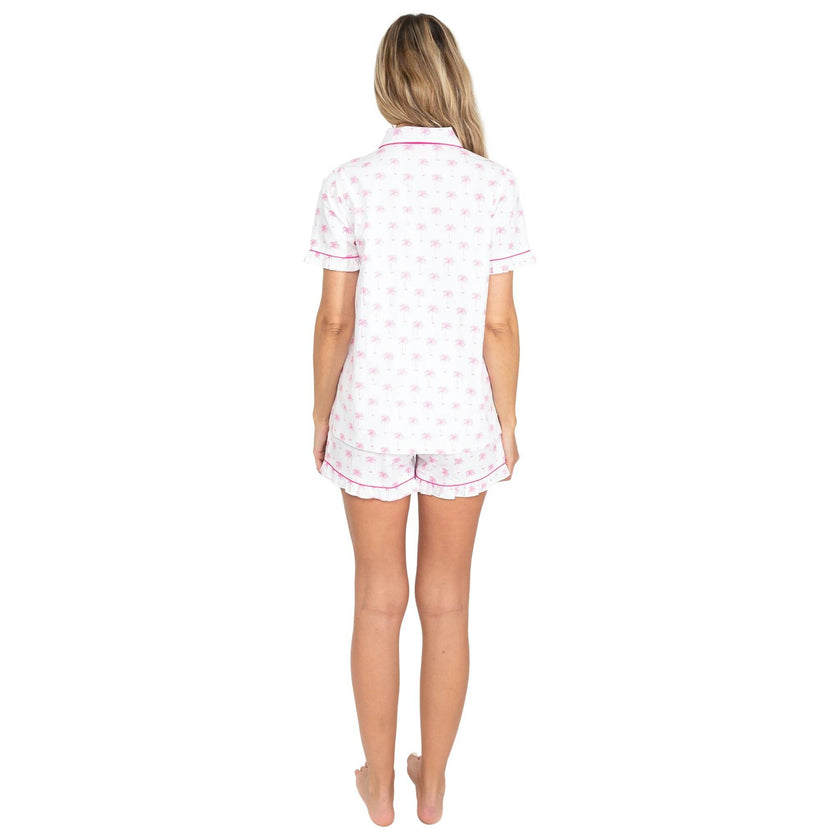 Women's Pink Palm Tree Short PJ Set - Organic Cotton Poplin
