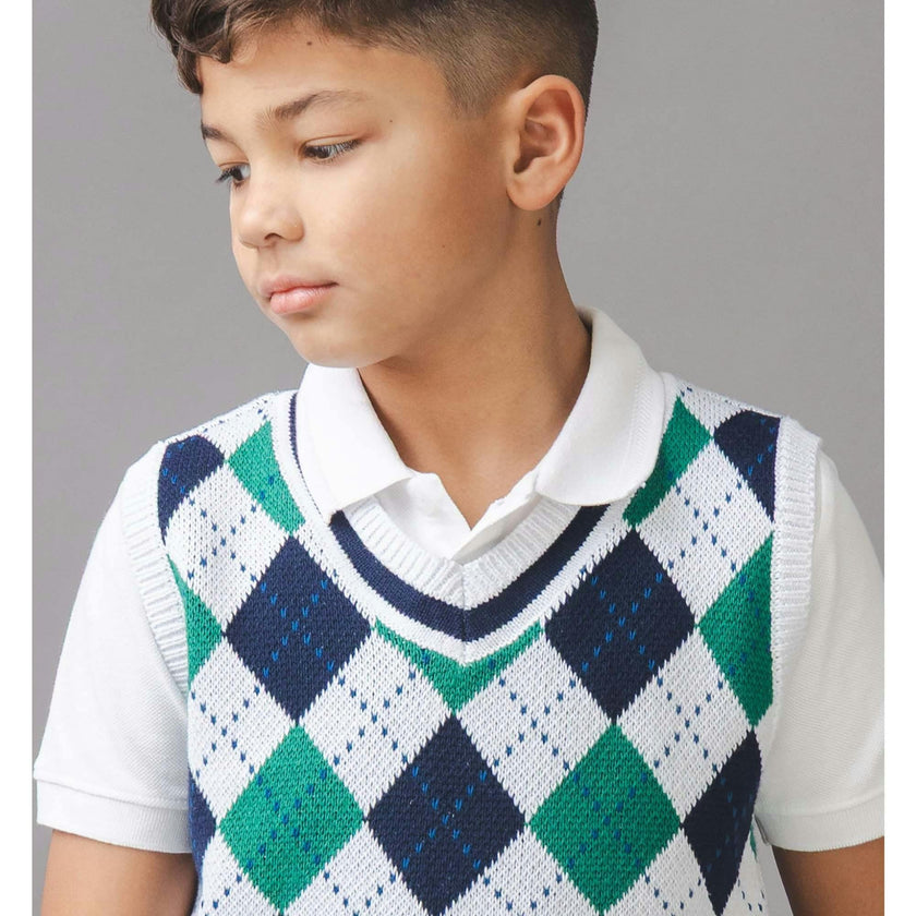 Organic V-Neck Argyle Sweater Vest, Blue