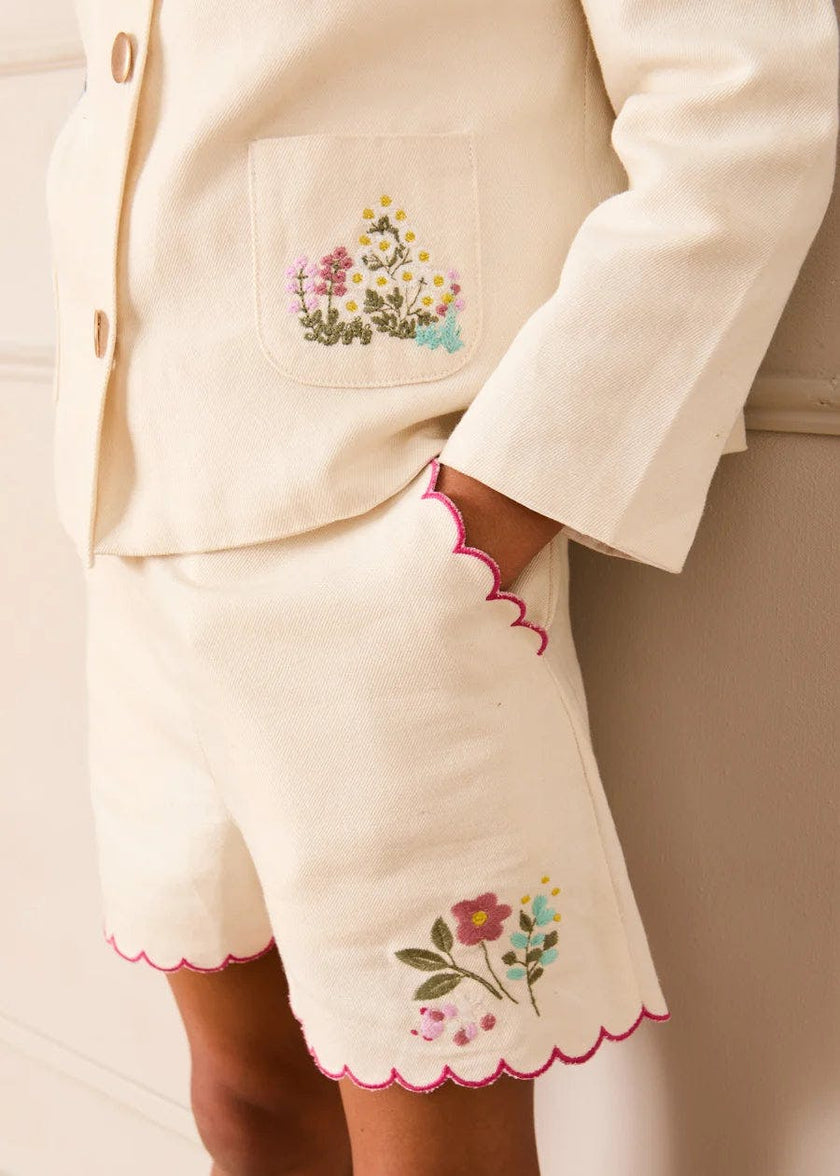 Wildflower Embroidered Scallop Edge Shorts in Cream (4-12yrs)