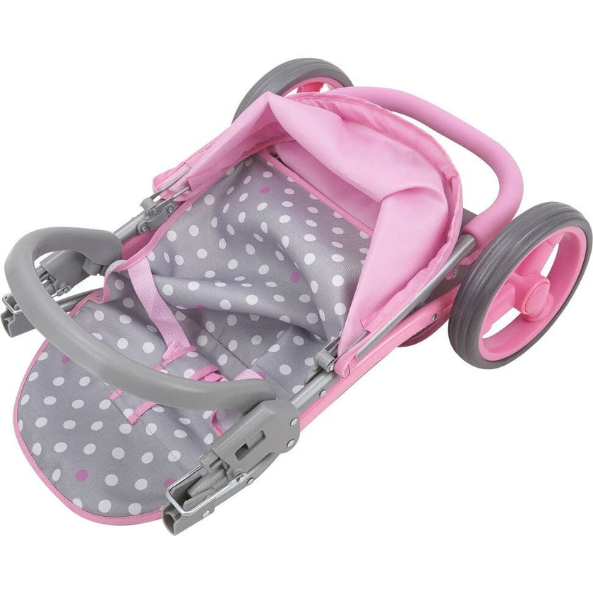 Cotton Candy Pink Twin Tandem Doll Stroller in Grey Polka Dots Fits 2 Dolls 18