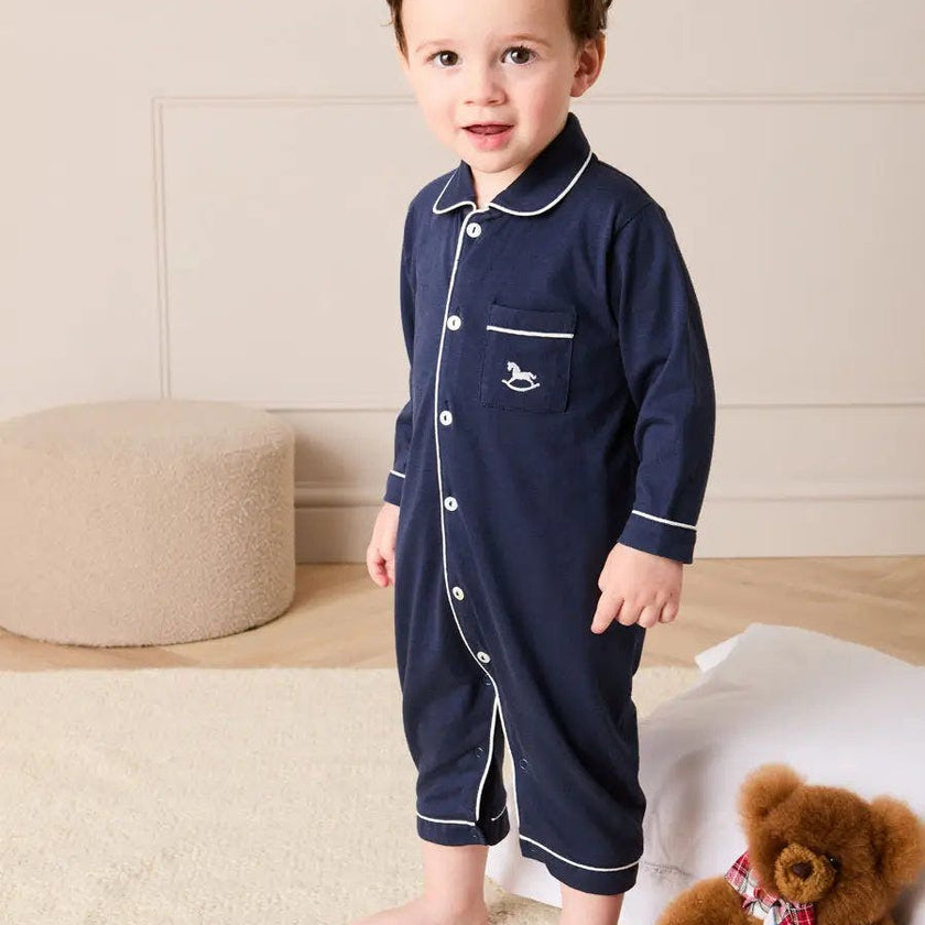 Rocking Horse Embroidered Pima Cotton All In One Pyjamas in Navy (6mths-3yrs)