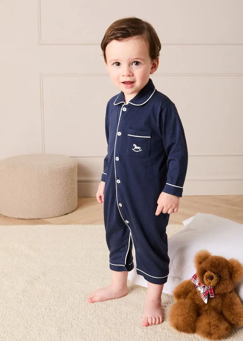 Rocking Horse Embroidered Pima Cotton All In One Pyjamas in Navy (6mths-3yrs)