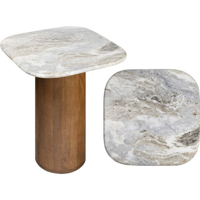 Milos 18" Rustic Minimalist Square Marble/Wood Accent Table