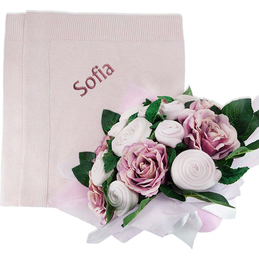 Luxury Rose Baby Clothes Bouquet and Personalized Baby Blanket