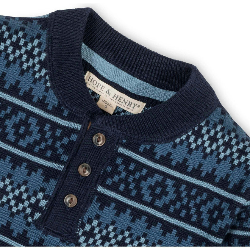 Organic Long Sleeve Henley Pullover Sweater with Elbow Patches, Blue