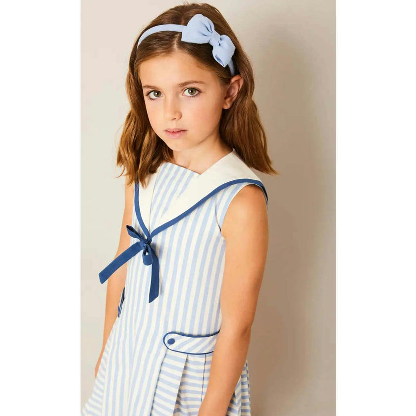 Regency Striped Mariner Collar Pleated Sleeveless Dress in Blue (12mths-10yrs)
