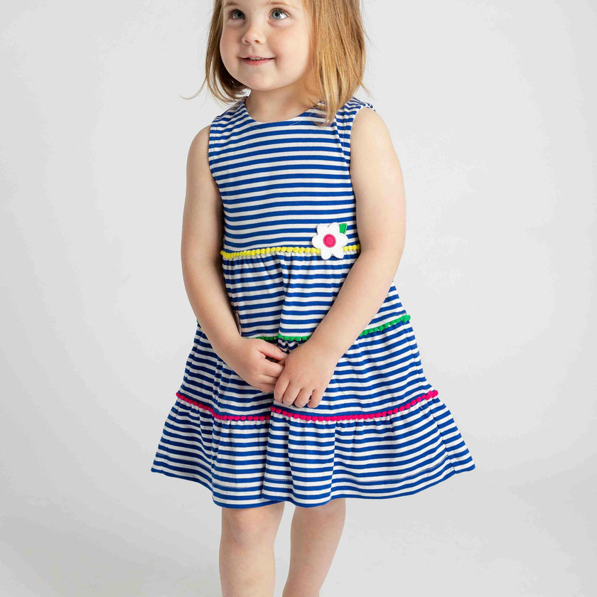 Stripe Knit Dress With Pom Poms & Flowers