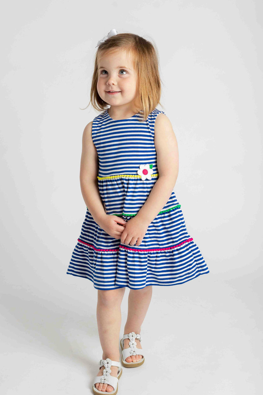 Stripe Knit Dress With Pom Poms & Flowers