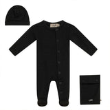 Knitted Front Opening Long Sleeve Romper, Hat, and Pouch Three Piece Set