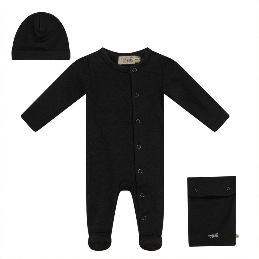 Knitted Front Opening Long Sleeve Romper, Hat, and Pouch Three Piece Set